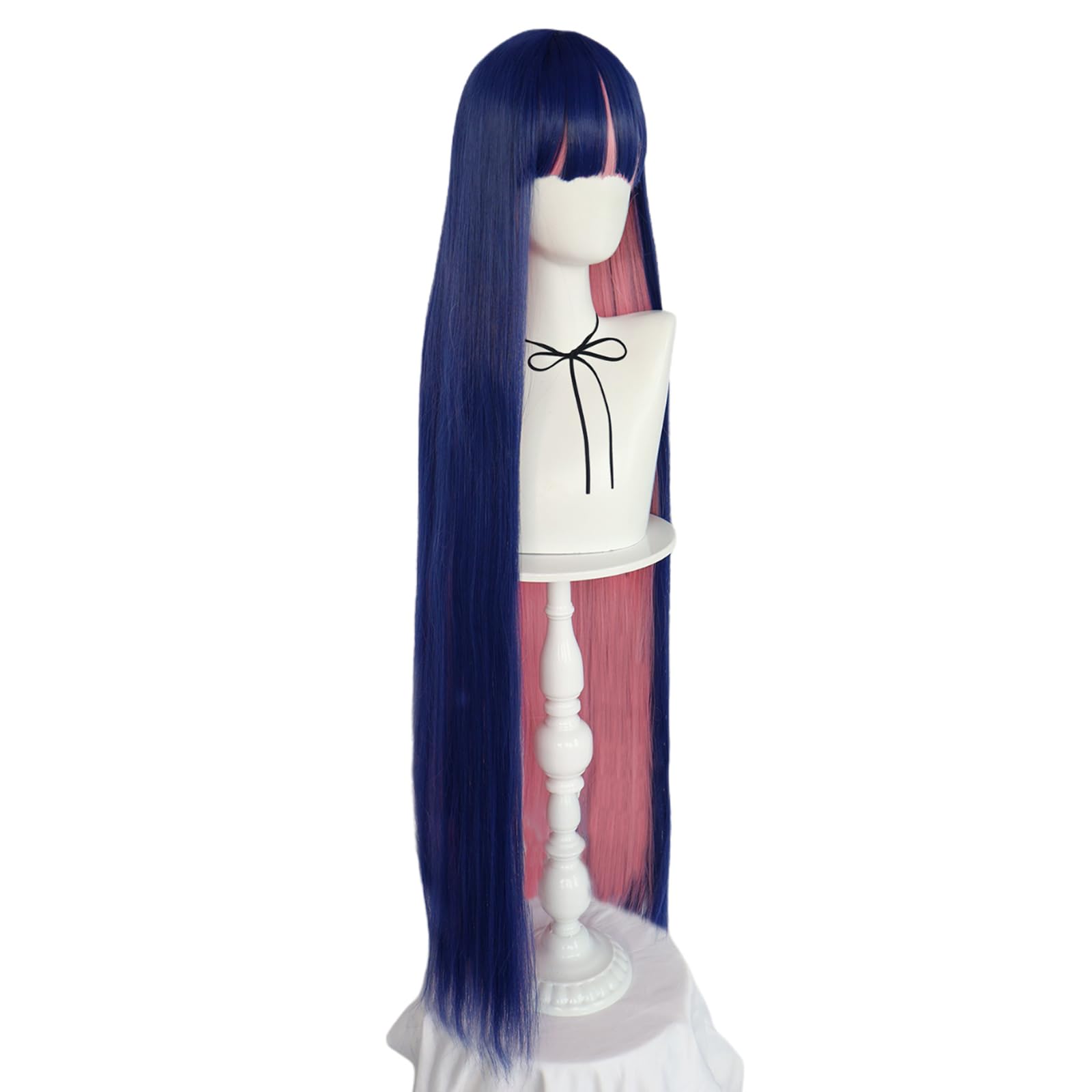 ANOGOL Hair Cap+ Blue Mix Pink Wig 105cm Long Straight Stocking Wigs for Girl with Bangs Costume for Women Synthetic Hair Wigs for Stocking Cosplay Halloween Wig Anime Party
