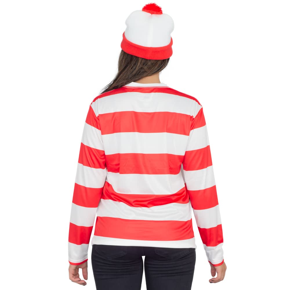 Where's Waldo Longe Sleeve Shirt, Glasses, and Hat DELUXE Cosplay Halloween Costume Set