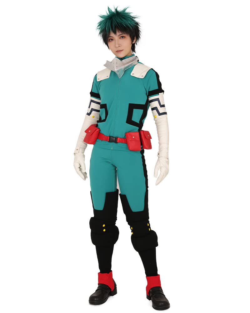 miccostumes Men's Costume Anime Hero Cosplay Green Fighting Suit Green Full-body Jumpsuit With red belt And Knee Pads (L)