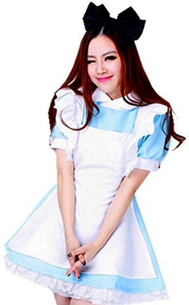 Colorful House Adult Anime Cosplay Outfit Women Blue Maid Costume Apron 4 Pcs Halloween Lolita Maid Dress Set(Medium, Blue)