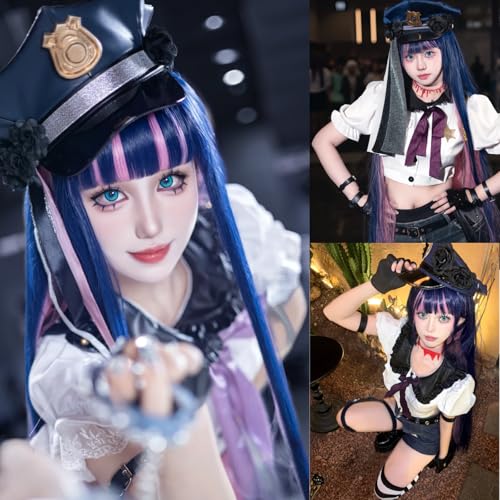ANOGOL Hair Cap+ Blue Mix Pink Wig 105cm Long Straight Stocking Wigs for Girl with Bangs Costume for Women Synthetic Hair Wigs for Stocking Cosplay Halloween Wig Anime Party