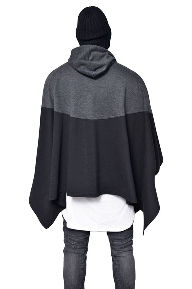 Demetory Men's Color Block Oversized Batwing Sleeves Hooded Poncho Cape Cloak Black Medium