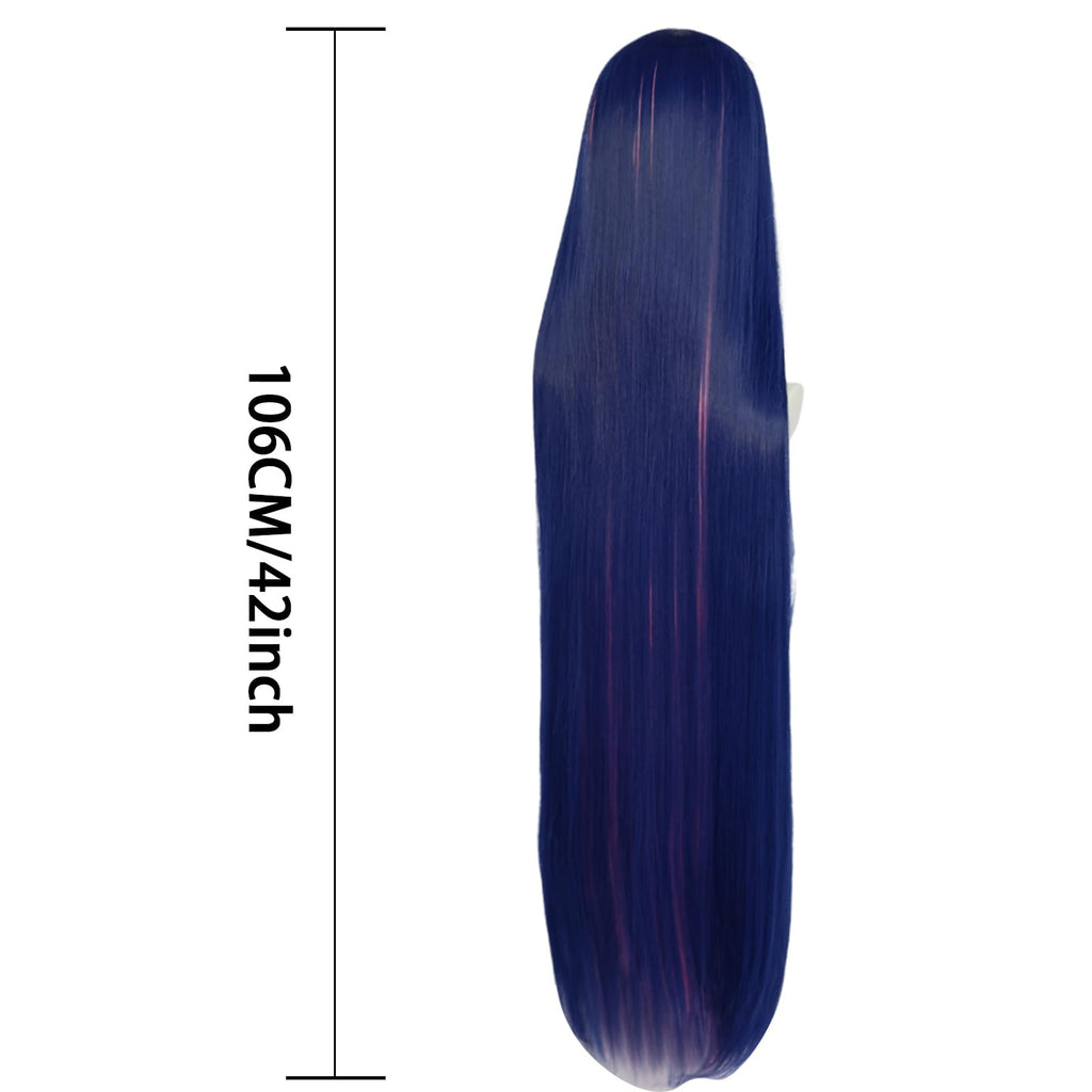 ANOGOL Hair Cap+ Blue Mix Pink Wig 105cm Long Straight Stocking Wigs for Girl with Bangs Costume for Women Synthetic Hair Wigs for Stocking Cosplay Halloween Wig Anime Party