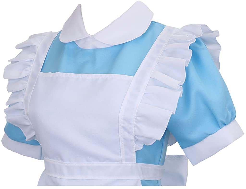 Colorful House Adult Anime Cosplay Outfit Women Blue Maid Costume Apron 4 Pcs Halloween Lolita Maid Dress Set(Medium, Blue)