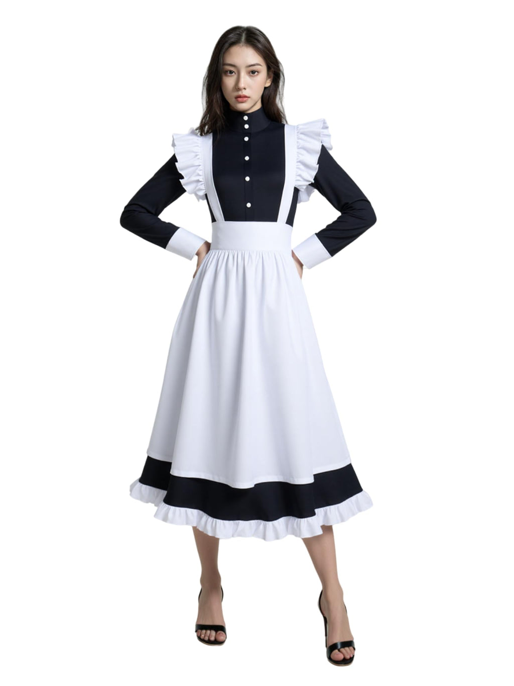 YJCOS Women's Classic Maid Long Dress Black and White Apron Lolita Housekeeper Cosplay Costume Uniform