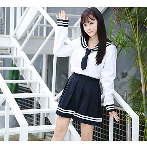 Japanese School Girls Uniform Sailor Navy Blue Pleated Skirt Anime Cosplay Costumes with Socks Set(SSF13) 2XL(Tag 3XL)