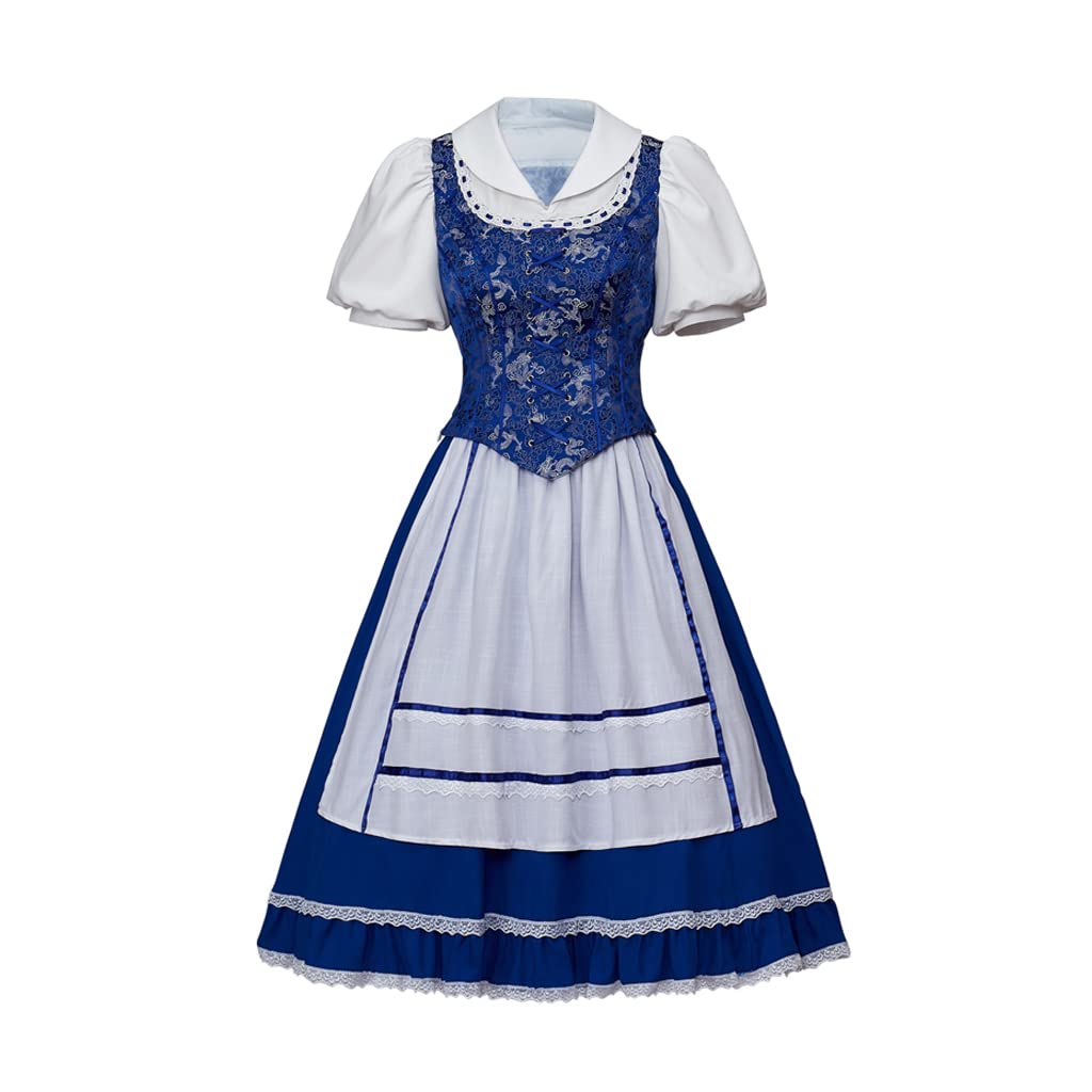 VEECOOCOS Princess Belle Cosplay Costume Belle Village Dress Women's Blue Maid Dress-XXL