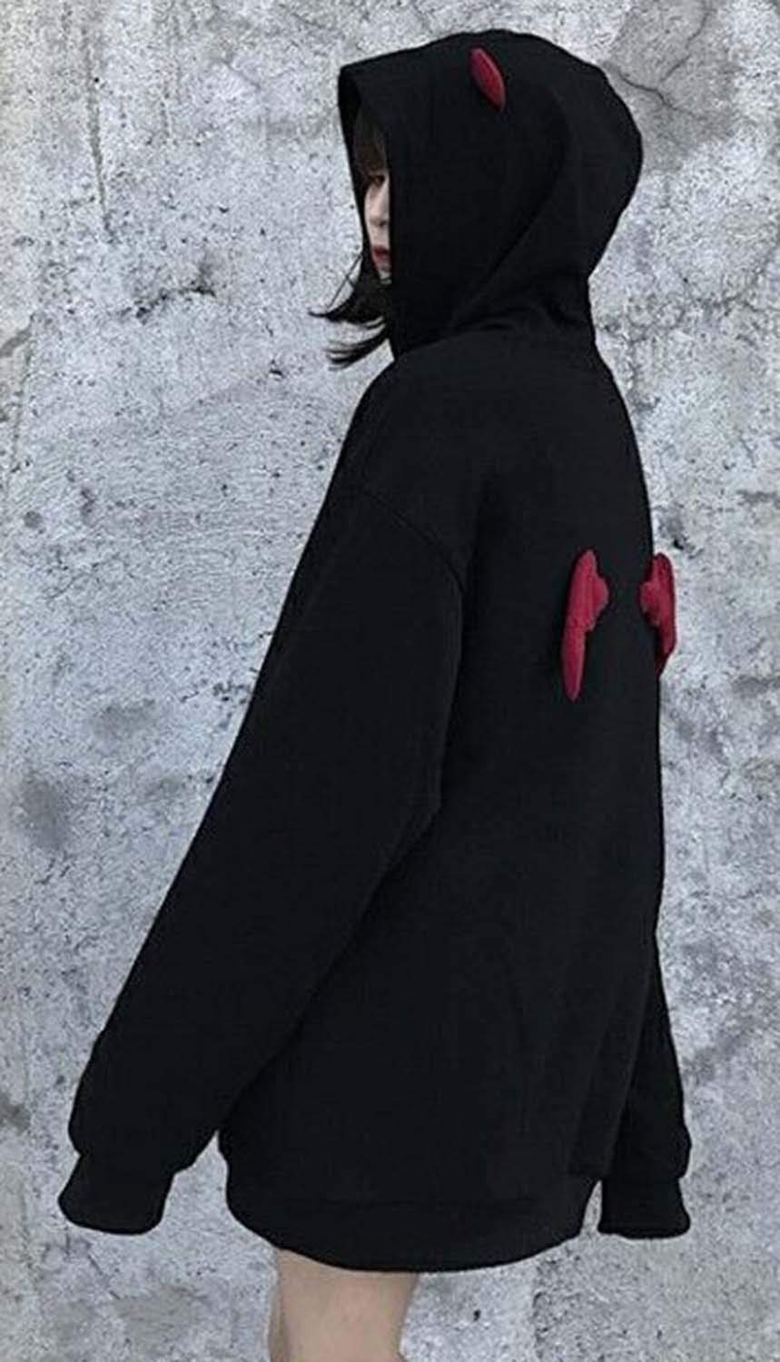 kydely Womens Devil Wings Red Horn Sweatshirt Long Sleeve Hoodie Pullover Hooded Tops, Black, Medium