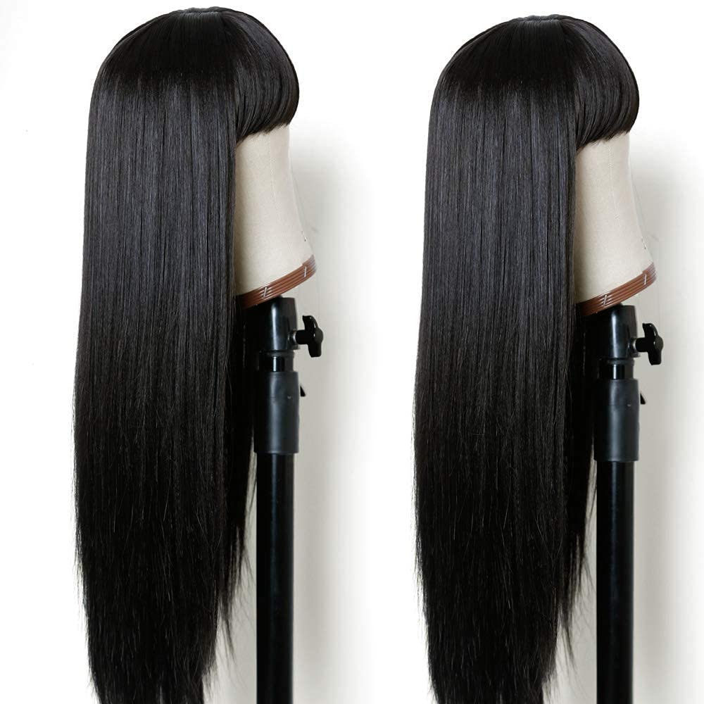 TIMANZO Long Straight Remy Hair Wigs Natural Black Heat Resistant Fiber Hair Full Machine Wig with Bangs Cosplay Party Wig For Fashion Women (24 Inch)