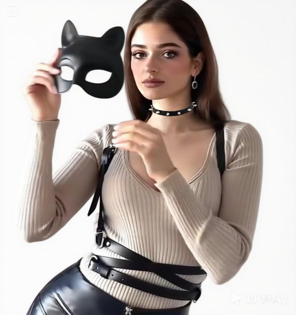 BADALU Cat woman Costume Accessories for Women - Halloween Mask, Gloves, Punk Belt &Necklace Outfit Set gothic clothes for women Masquerade Cat Face Mask for Night Club & Cosplay