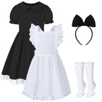 Weixinbuy Black Halloween Costume for Girls Kids Maid Costume Apron Fancy Dress Halloween Dress-Up Cosplay Costume Outfits with Headband and Stocking for Girl 13-14 Years