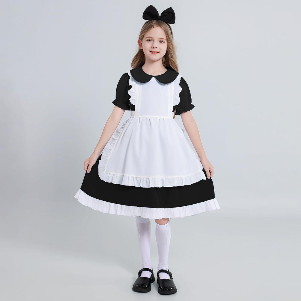Weixinbuy Black Halloween Costume for Girls Kids Maid Costume Apron Fancy Dress Halloween Dress-Up Cosplay Costume Outfits with Headband and Stocking for Girl 13-14 Years
