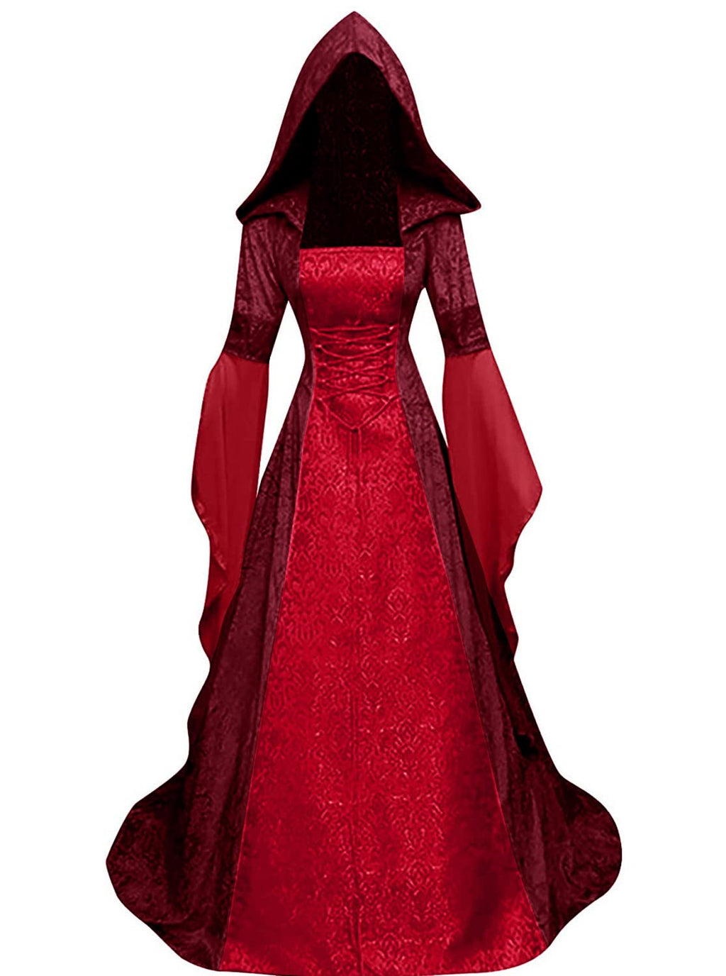 BITSEACOCO Deluxe Witch Dress Costume for Women, Vintage Embroidered Renaissance Victorian Gothic Hooded Vampire Gown Dress Cosplay (Red, XL)