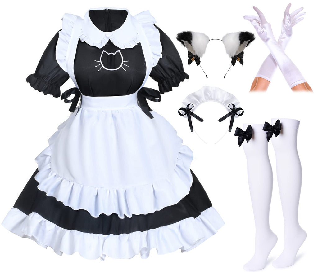 Anime French Cat Maid Apron Fancy Dress Cosplay Costume Headwear Gloves Socks Set(Black M)