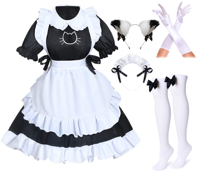 Anime French Cat Maid Apron Fancy Dress Cosplay Costume Headwear Gloves Socks Set(Black M) Hover Image
