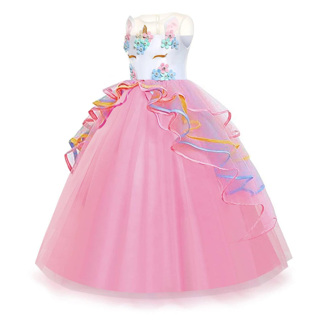 Chektin Unicorn Dress for Girls Unicorn Costume Pageant Princess Dress Party Birthday Long Gown with Accessories Pink 4-5T