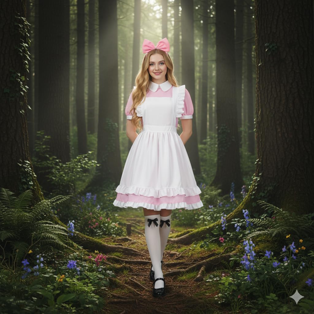 Tvnxdgl Alice Costume Women Wonderland Maid Outfit Anime Lolita Dress Halloween Cosplay Maid Apron Gloves Headband Socks Set L