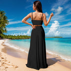 Women Sexy 2 Piece Outfits Dress Chiffon Strap Deep V Neck Bra Crop Top High Split Maxi Dresses Skirt Set Black XL