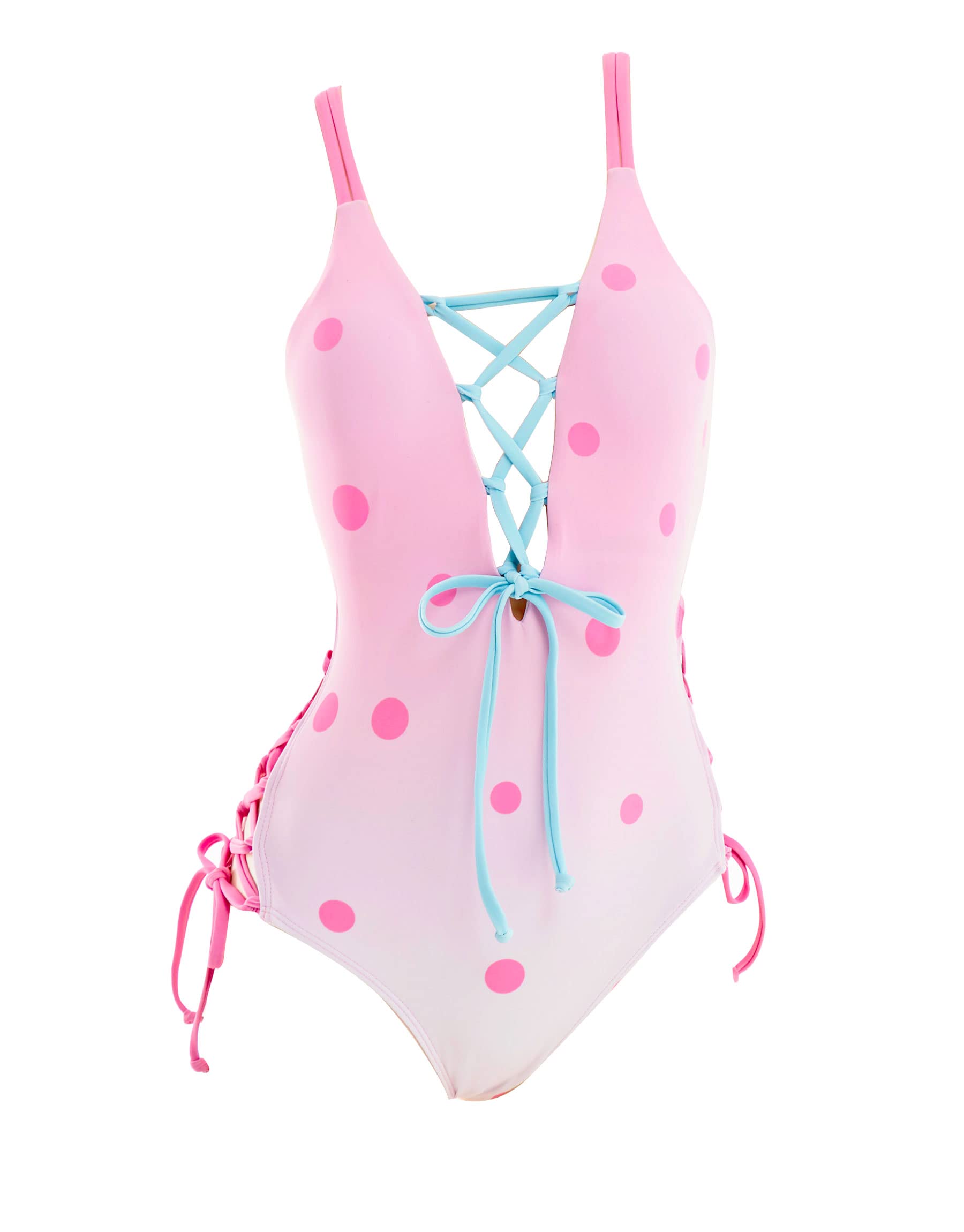 haikyuu Women Anime One Piece Swimsuit Set Swimwear Outfit Kawaii Bathing Suit Sexy Pink Blue (Medium, Pink Polka Dots)