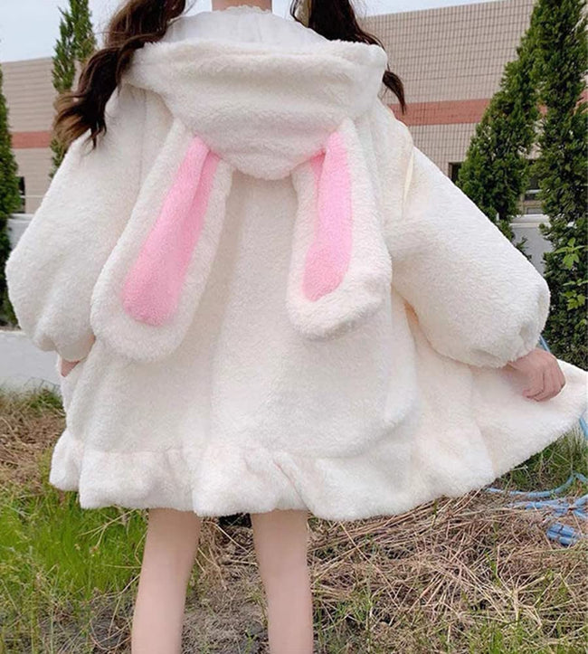 BZB Kawaii Anime Bunny Ear Hoodies For Women Sweet Lovely Fuzzy Fluffy Rabbit Sweater Tops Cosplay Jacket Coats White Main Image