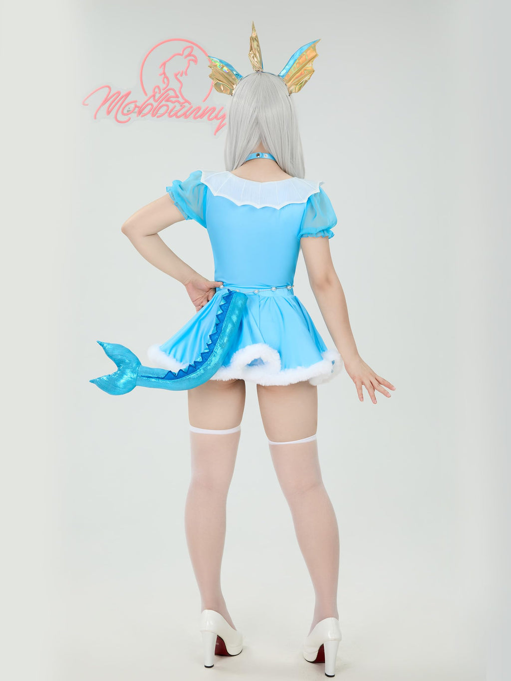 Mobbunny Women's Anime Cosplay Romper Onesie Blue Bodysuit Skirt Set with Headband Choker Halloween Cosplay Costume