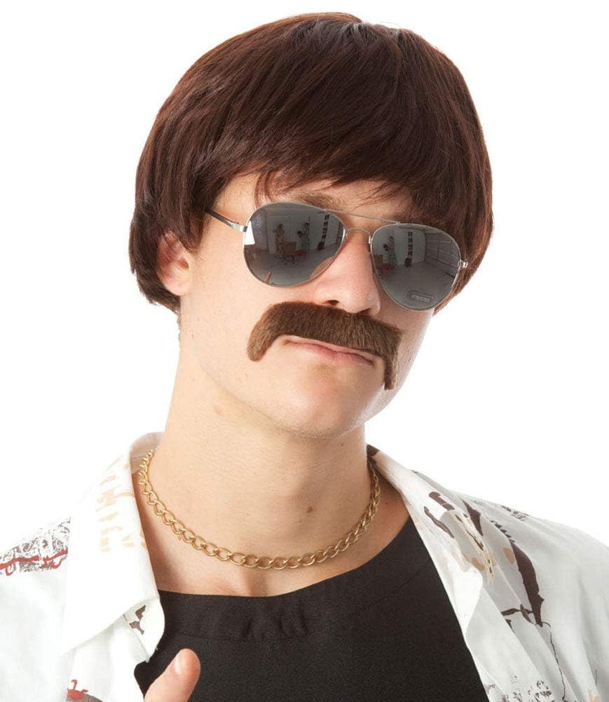 ALLAURA Compatible with Sonny Bono Wig – 60s 70s Men’s Short Brown Wig + Mustache for Hippie, Singer, TV Star, Cop, Detective Costumes – Liberty Duo, Limu & Doug, Uncle Rico, Retro Halloween Outfit