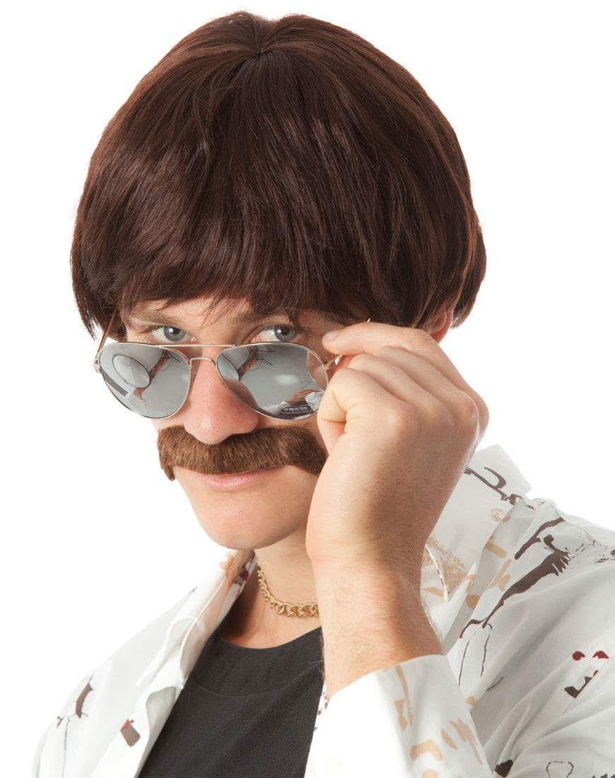 ALLAURA Compatible with Sonny Bono Wig – 60s 70s Men’s Short Brown Wig + Mustache for Hippie, Singer, TV Star, Cop, Detective Costumes – Liberty Duo, Limu & Doug, Uncle Rico, Retro Halloween Outfit