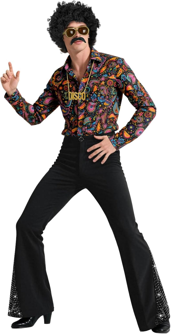 70s Outfits for Men 6 Pcs Disco Outfit Retro Costume with Bell Bottom Pants Main Image
