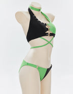 MEOWCOS Black and Green Buckle Decoration Two-Piece Swimsuit