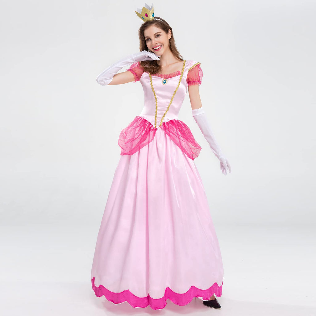 Womne's Princess Peach Costume with Crown and Gloves Halloween Birthday Party Dress up Fancy Costume Cosplay Outfit