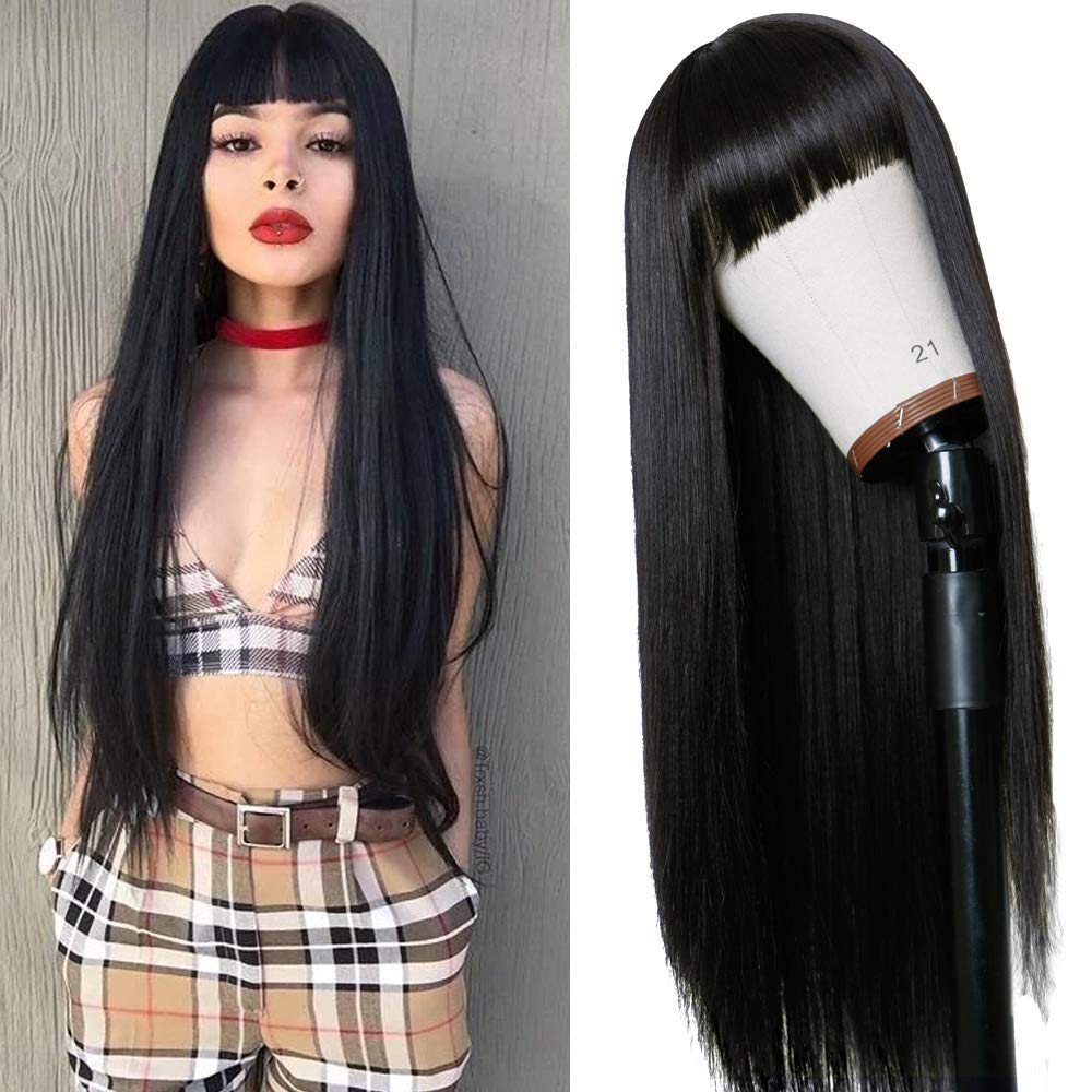 TIMANZO Long Straight Remy Hair Wigs Natural Black Heat Resistant Fiber Hair Full Machine Wig with Bangs Cosplay Party Wig For Fashion Women (24 Inch)