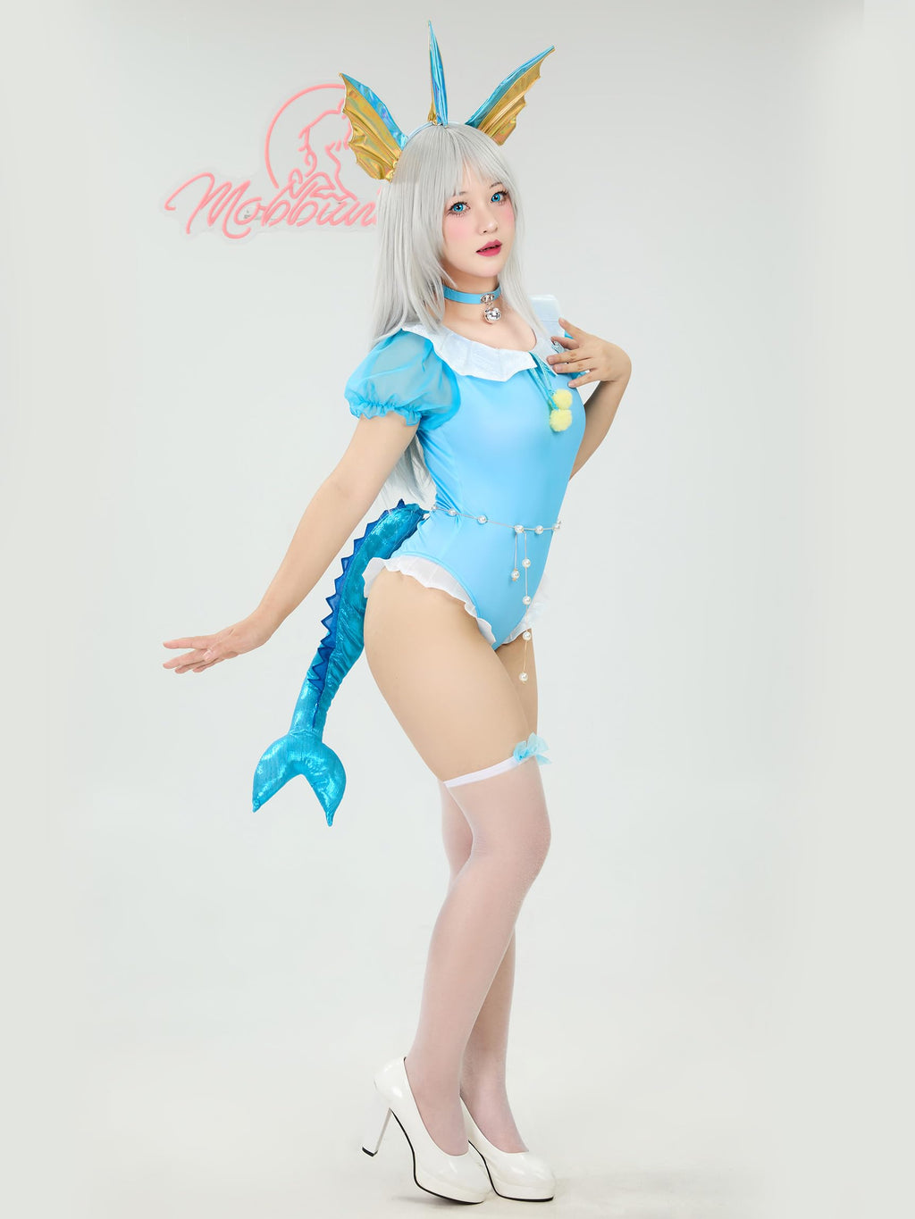 Mobbunny Women's Anime Cosplay Romper Onesie Blue Bodysuit Skirt Set with Headband Choker Halloween Cosplay Costume