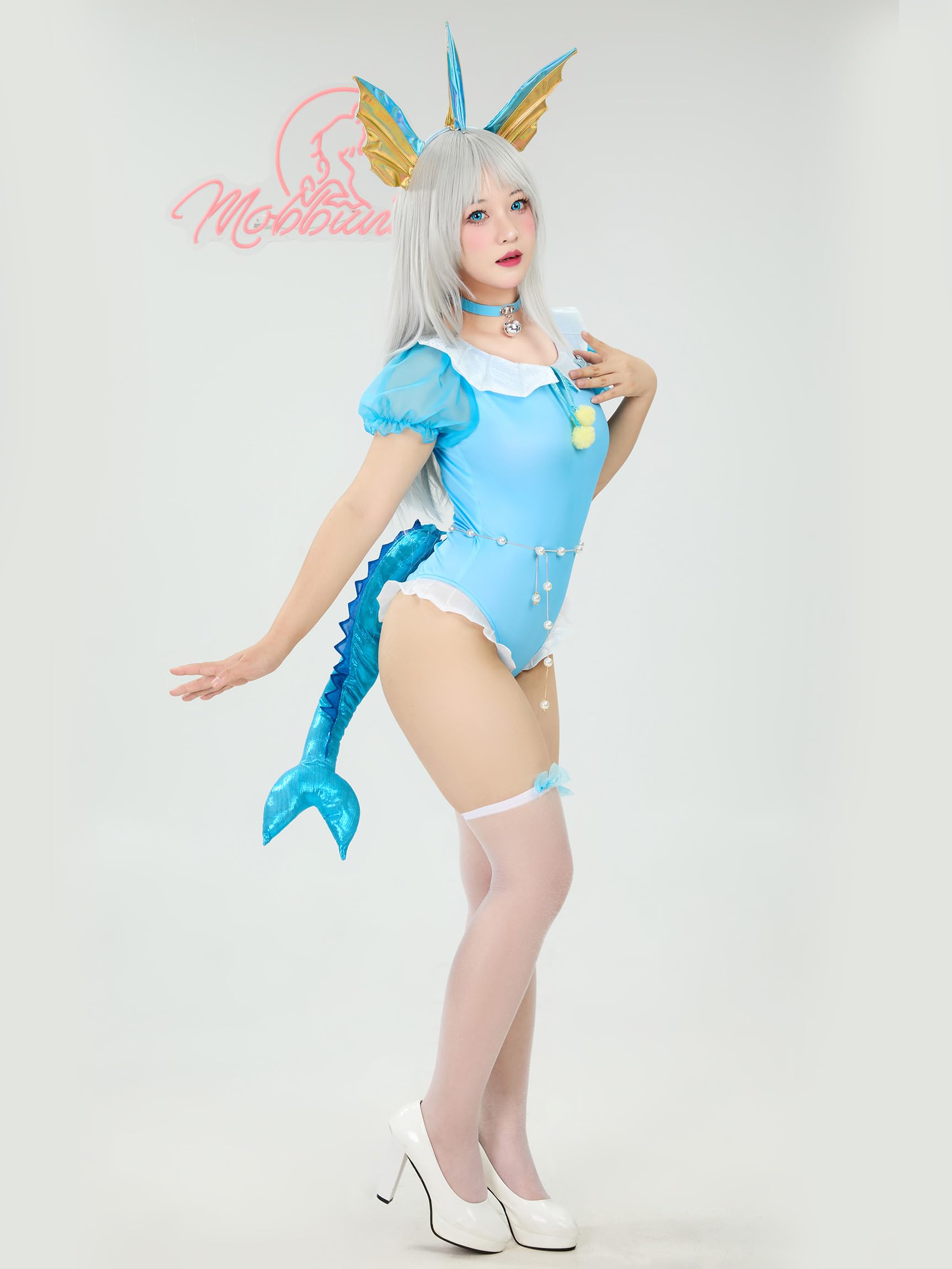 Mobbunny Women's Anime Cosplay Romper Onesie Blue Bodysuit Skirt Set with Headband Choker Halloween Cosplay Costume