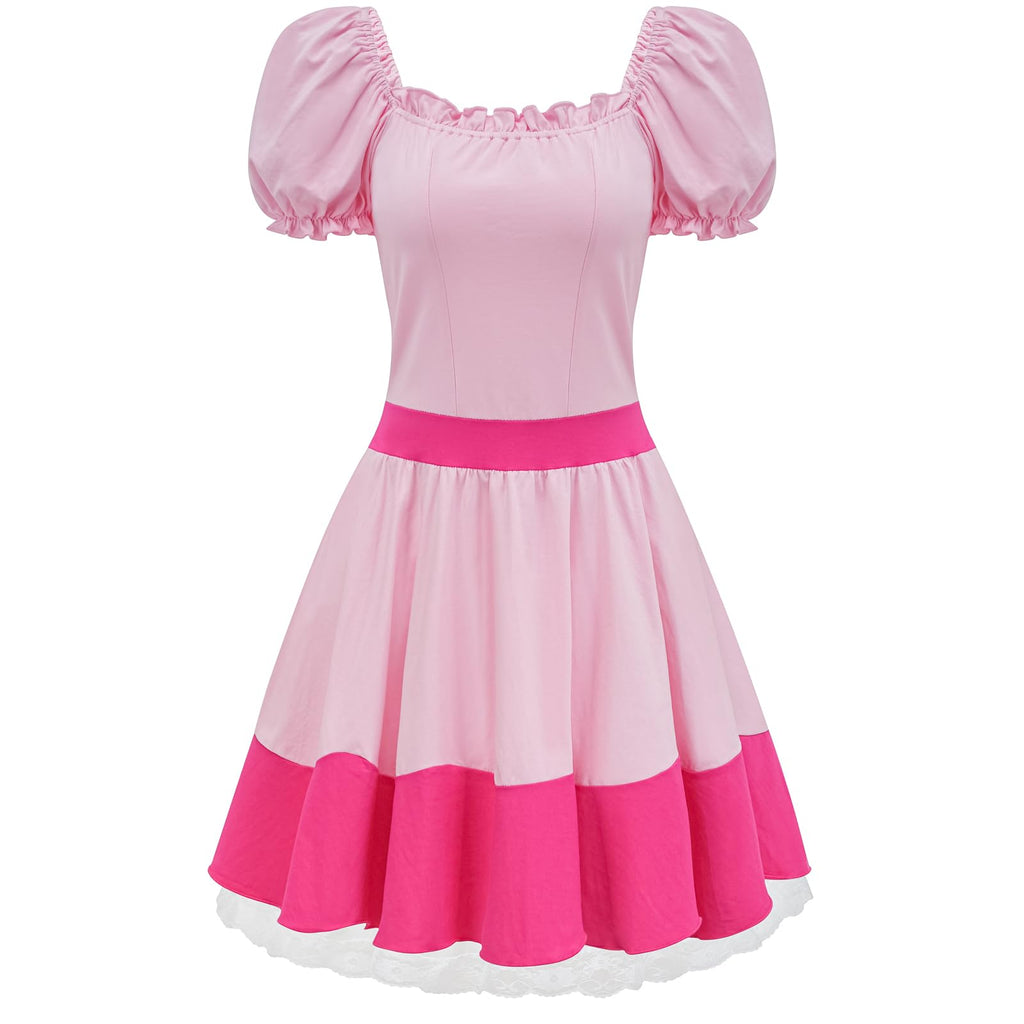 KaKaxi Halloween Costume Pink Evening Dresses with Waist Belts Gloves Hats Golden Crown Leggings Earrings Accessories for Women,S