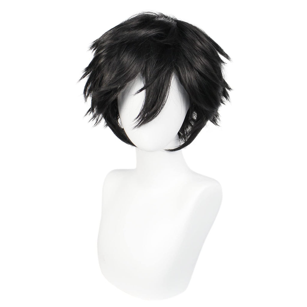 ANOGOL Hair Cap+ Short Black Wig for Men Short Black Men's Wigs for Cosplay Black Anime Cosplay Wig Layered Black Party Wigs with Bangs for Halloween Costume Christmas Peluca Negra Synthetic Hair