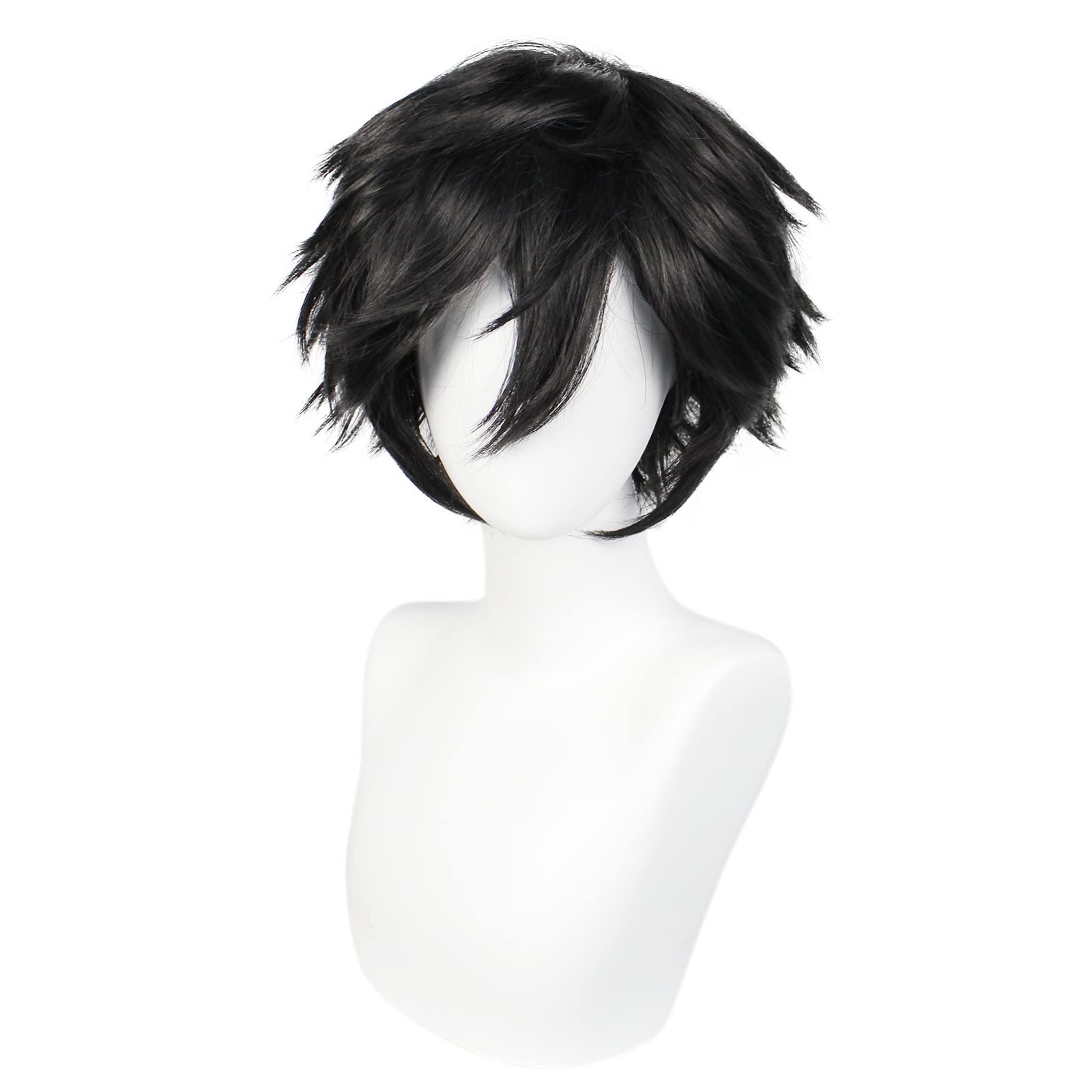 ANOGOL Hair Cap+ Short Black Wig for Men Short Black Men's Wigs for Cosplay Black Anime Cosplay Wig Layered Black Party Wigs with Bangs for Halloween Costume Christmas Peluca Negra Synthetic Hair