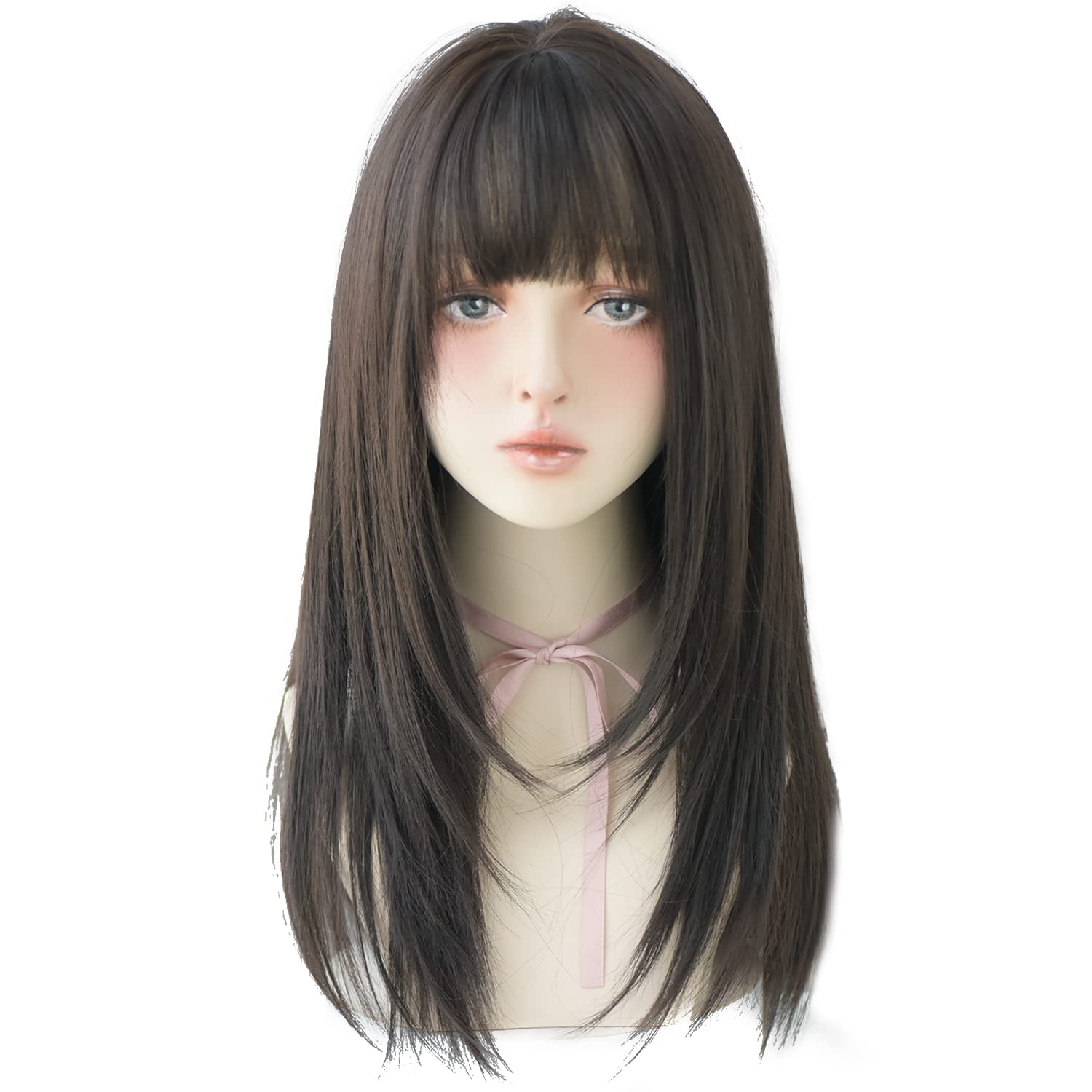 7JHH WIGS Black Wigs with Bangs Synthetic Dark Brown Wig Long Straight Wig for Women Party and cosplay wig (23" Natural Black NEW