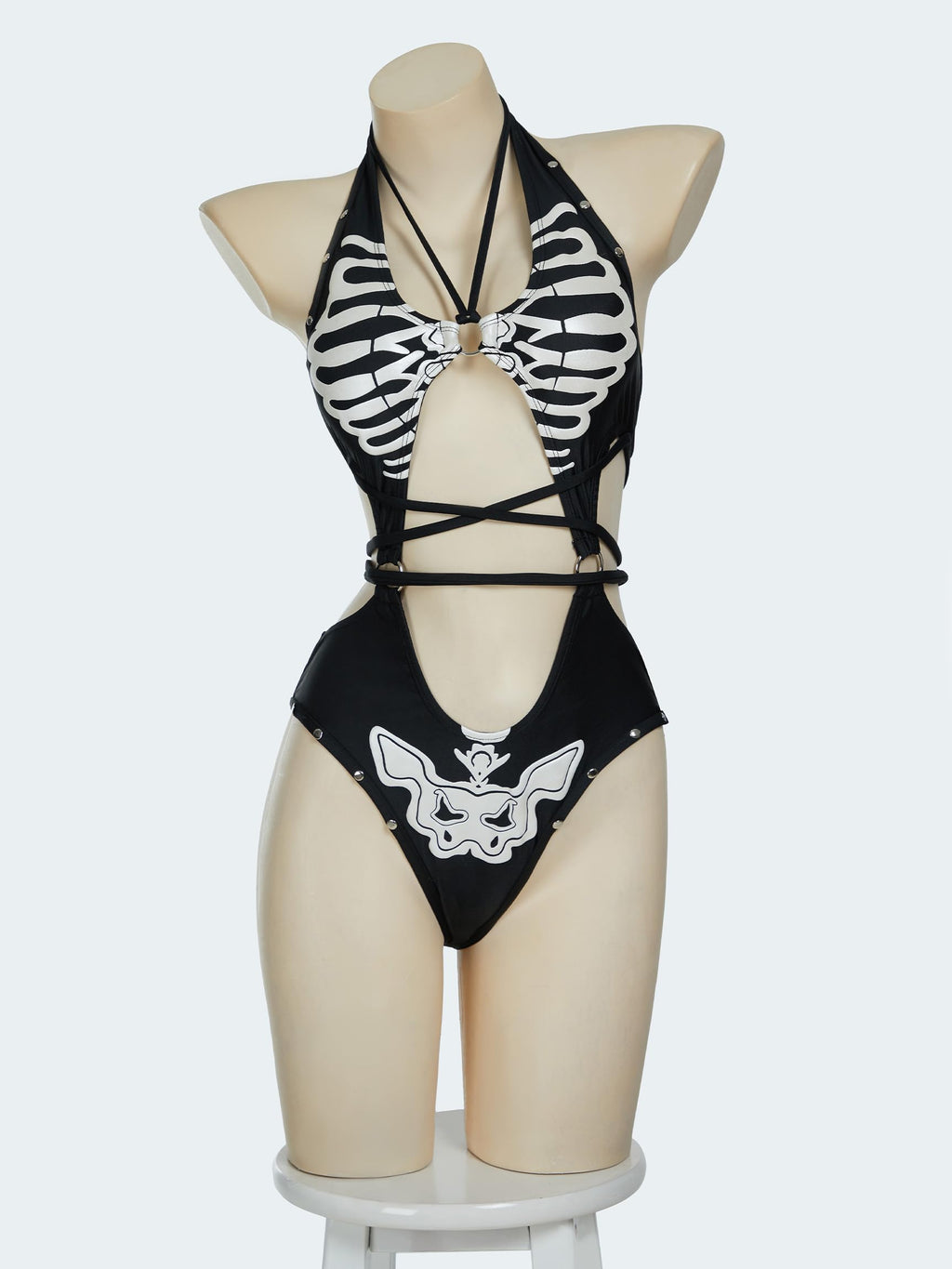 MEOWCOS Women One Piece Swimsuits with Skull Design Cut Out Gothic Swimsuit Bathing Suit Black