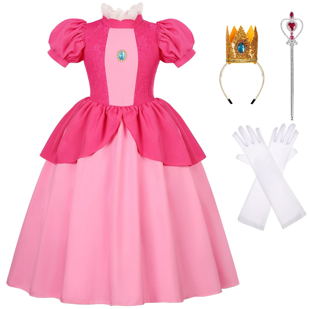Girls Princess Dress Peach Costume Super Bros Kids LED Light Up Princess Dress for Deluxe Halloween Party Dress Up