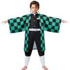 Mscawow Kids Anime Costume Kamado Tanjir Cosplay Kimono Set Halloween Costume with Green Cloak & Belt for Boys