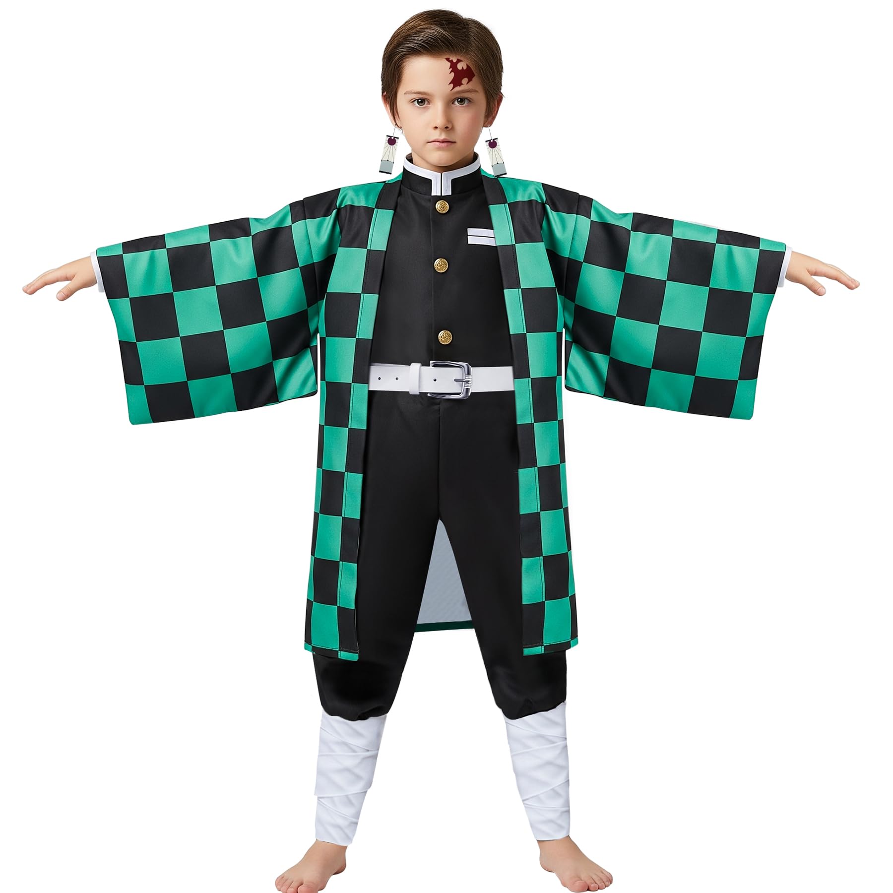 Mscawow Kids Anime Costume Kamado Tanjir Cosplay Kimono Set Halloween Costume with Green Cloak & Belt for Boys