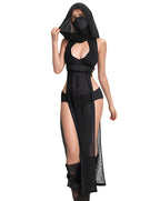 Mingnos Women Goth Rave Dress Sexy Cosplay Costume Cutout High Slit Sheer Festival Outfits Night Out Dresses Black L