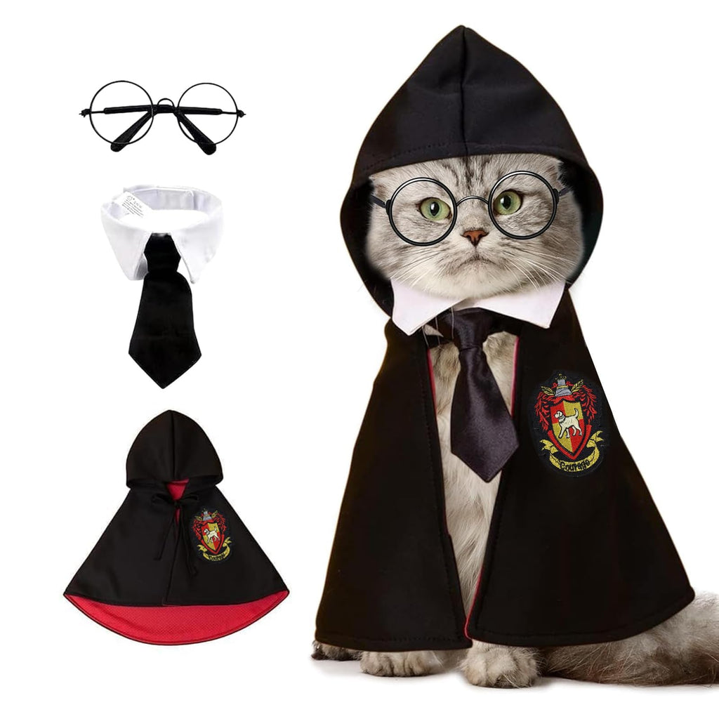 NIULA Cat Halloween Costume - Pet Wizard Costumes Mantle Magician Cosplay Clothes with Bowtie & Glasses Set, Festival Party Apparel for Small Pets Cats Dogs