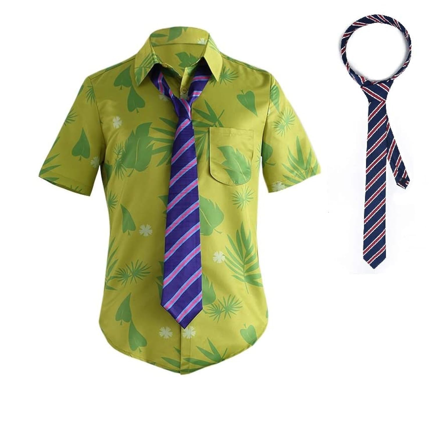 DAZCOS US Size Green Printed T-Shirt Purple Tie for Mens Hawaiian Floral Shirts Cosplay or Casual Holiday Beach Shirts