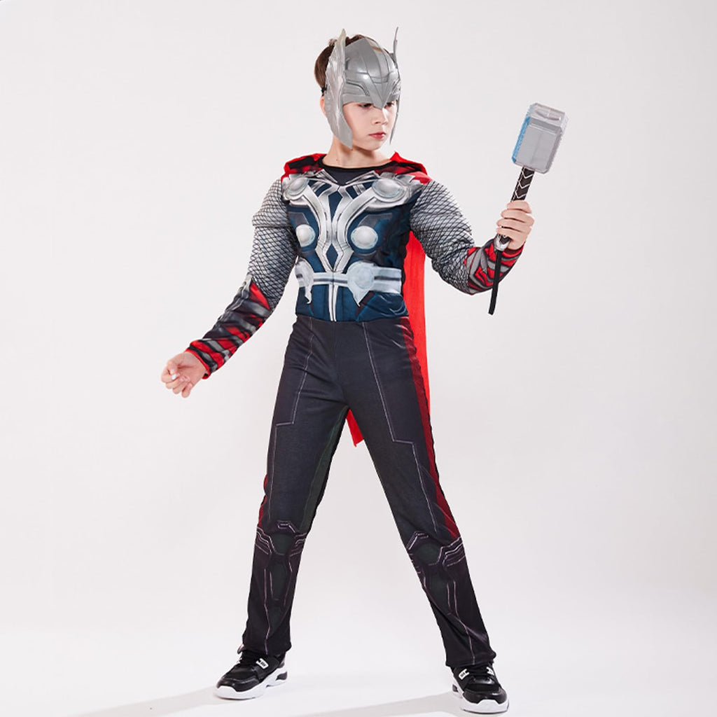 EJWCIG Kids Super Hero Costume Muscle Suit with Helmet Red Cape Jumpsuit Hammer Outfit 4 PCS Sets Suit Halloween Party Cosplay Props (S(43-47inch)