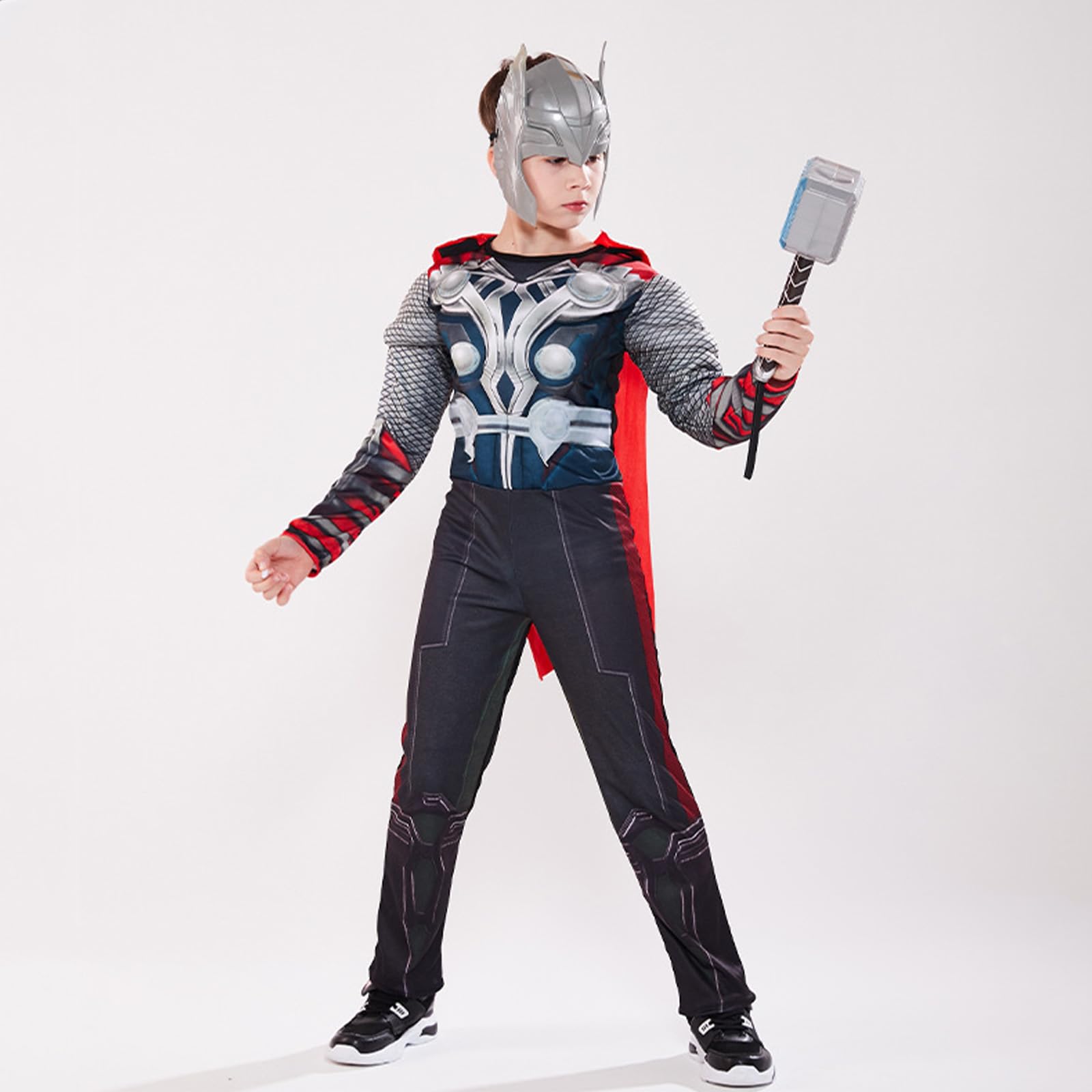 EJWCIG Kids Super Hero Costume Muscle Suit with Helmet Red Cape Jumpsuit Hammer Outfit 4 PCS Sets Suit Halloween Party Cosplay Props (S(43-47inch)