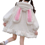 BZB Kawaii Anime Bunny Ear Hoodies For Women Sweet Lovely Fuzzy Fluffy Rabbit Sweater Tops Cosplay Jacket Coats White
