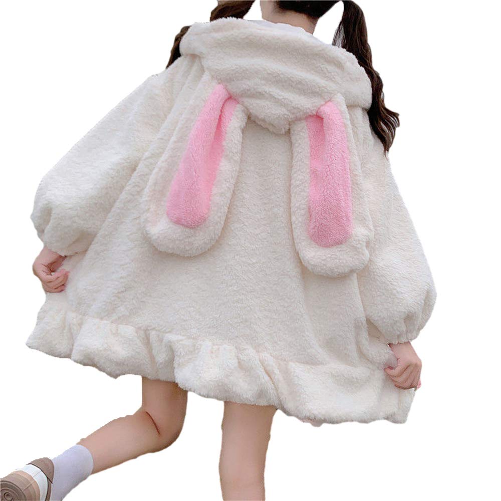 BZB Kawaii Anime Bunny Ear Hoodies For Women Sweet Lovely Fuzzy Fluffy Rabbit Sweater Tops Cosplay Jacket Coats White