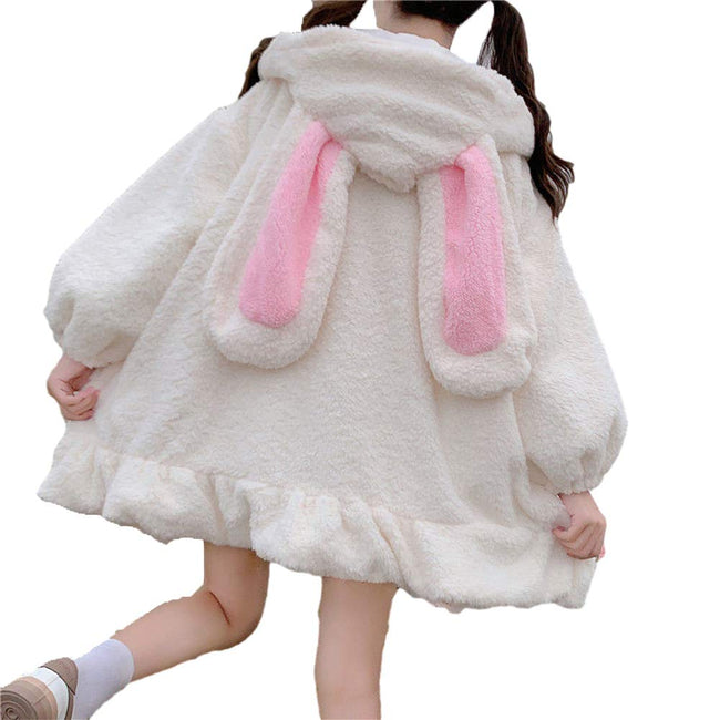 BZB Kawaii Anime Bunny Ear Hoodies For Women Sweet Lovely Fuzzy Fluffy Rabbit Sweater Tops Cosplay Jacket Coats White Hover Image