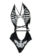 MEOWCOS Women One Piece Swimsuits with Skull Design Cut Out Gothic Swimsuit Bathing Suit Black